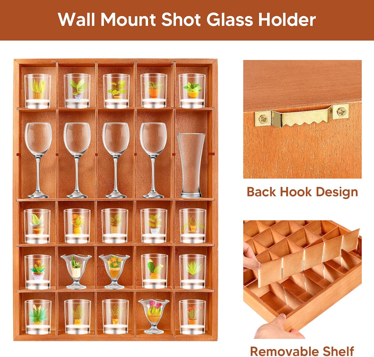 Ashenby 2 Pcs Shot Glass Display Case, Brown Wooden Shot Glass Shelf with Removable Shelves, 4.4 pounds