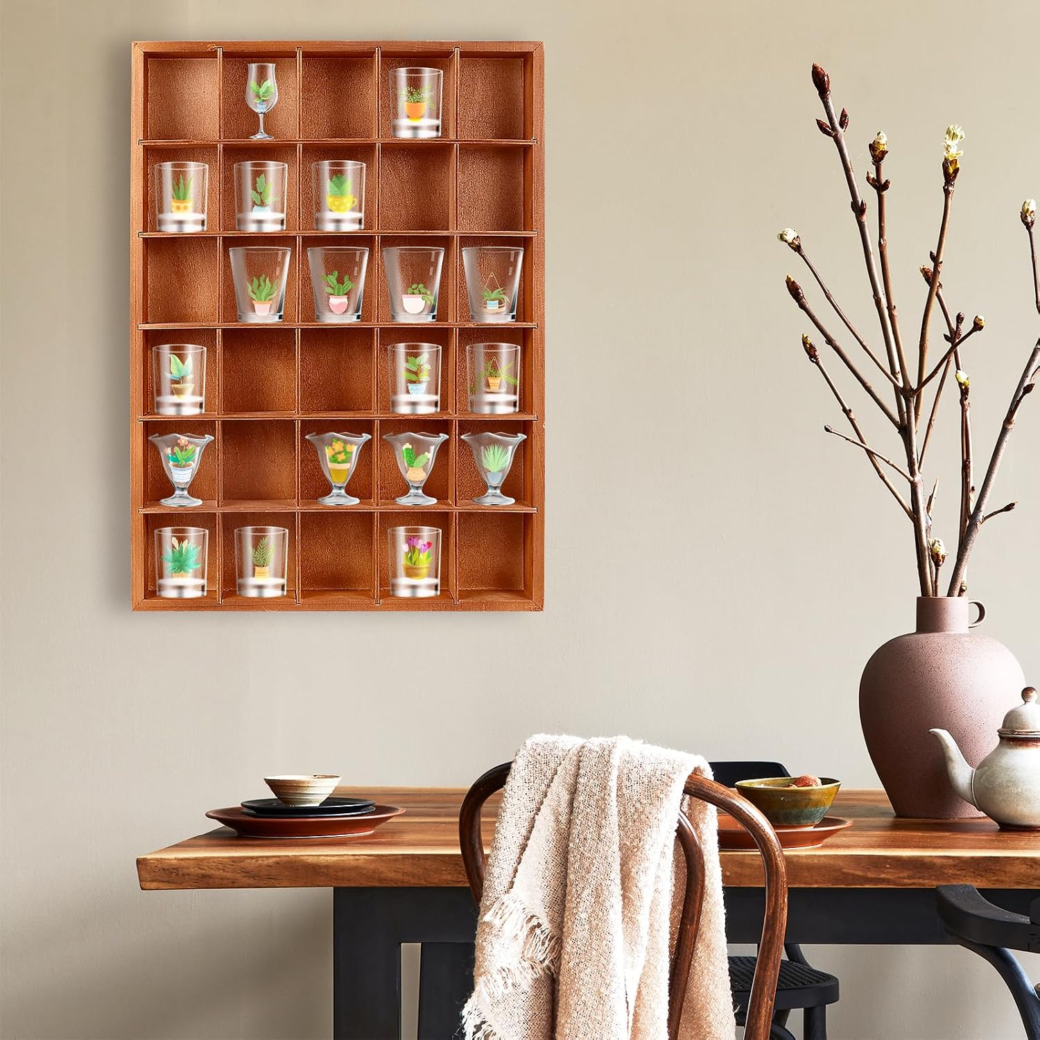 Ashenby 2 Pcs Shot Glass Display Case, Brown Wooden Shot Glass Shelf with Removable Shelves, 4.4 pounds