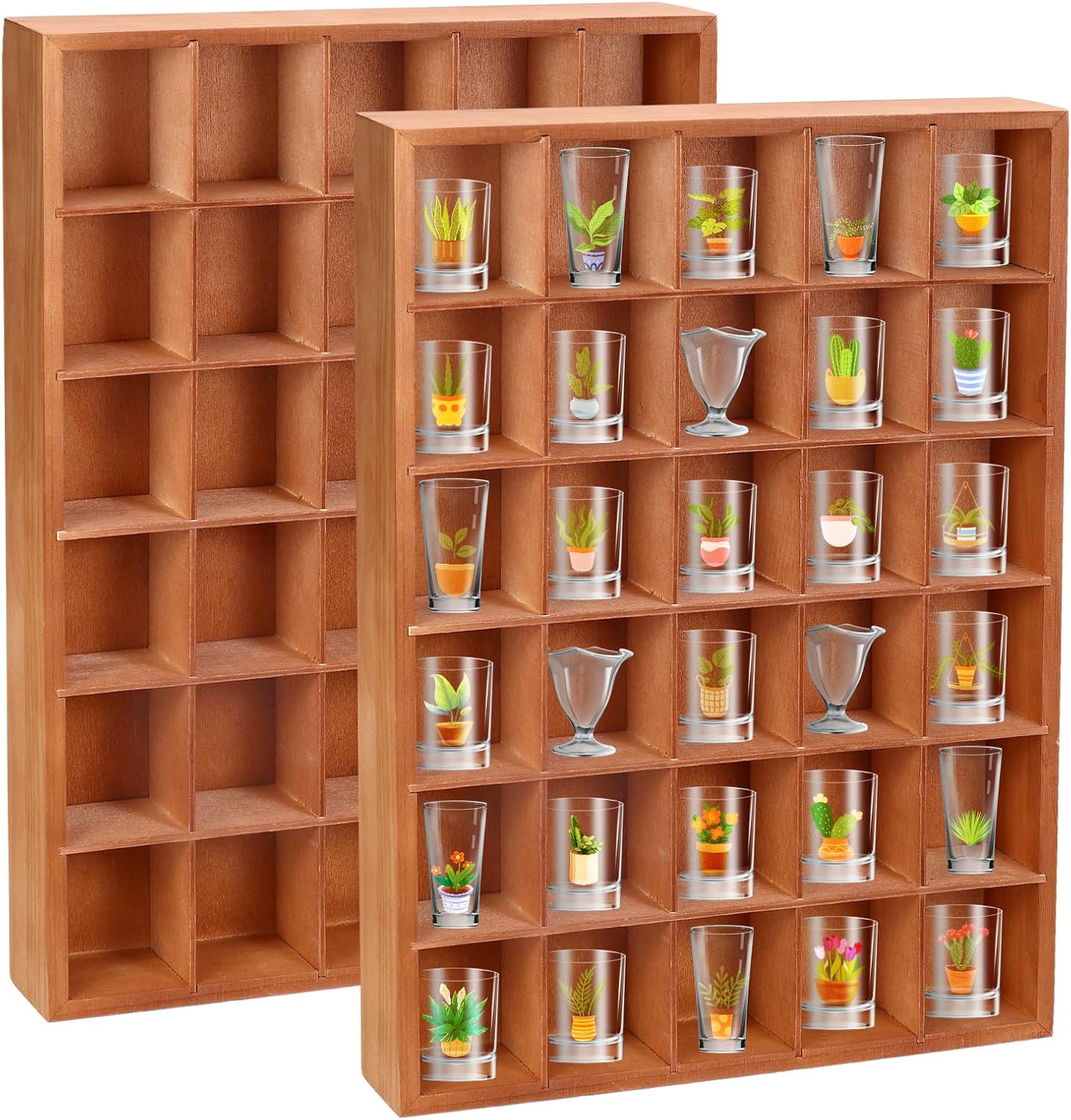 Ashenby 2 Pcs Shot Glass Display Case, Brown Wooden Shot Glass Shelf with Removable Shelves, 4.4 pounds