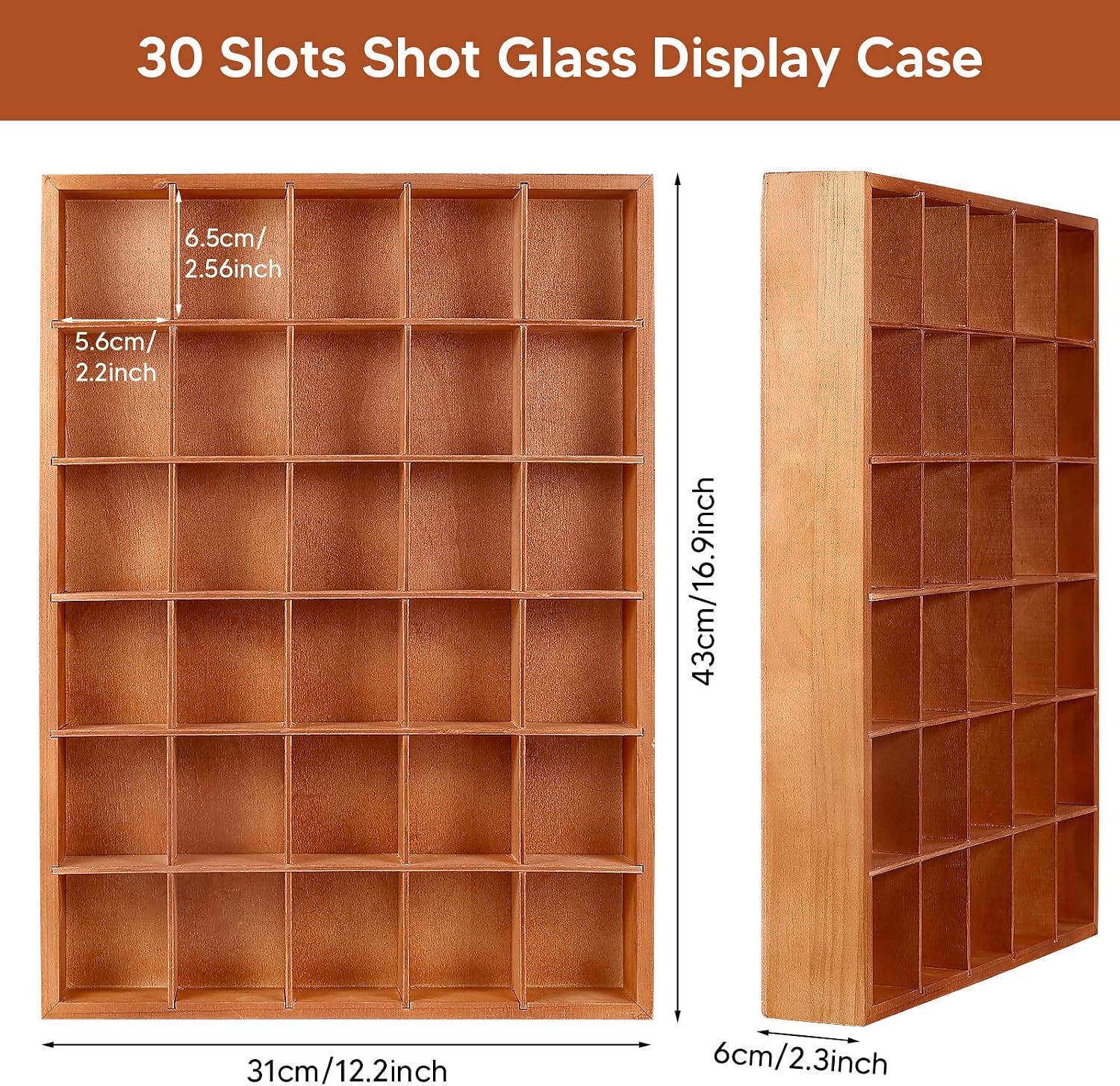 Ashenby 2 Pcs Shot Glass Display Case, Brown Wooden Shot Glass Shelf with Removable Shelves, 4.4 pounds