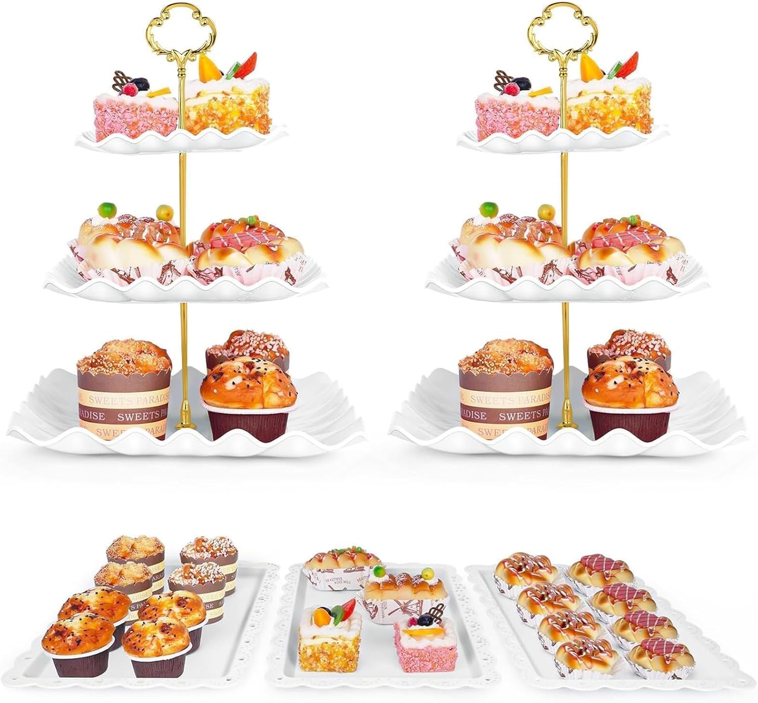 Aldernest 5 Pcs Dessert Table Display Set - 2 Pcs 3-Tier Dessert Display Stands & 3 Pcs Serving Tray - Dessert Trays Dessert Stands Treat Table