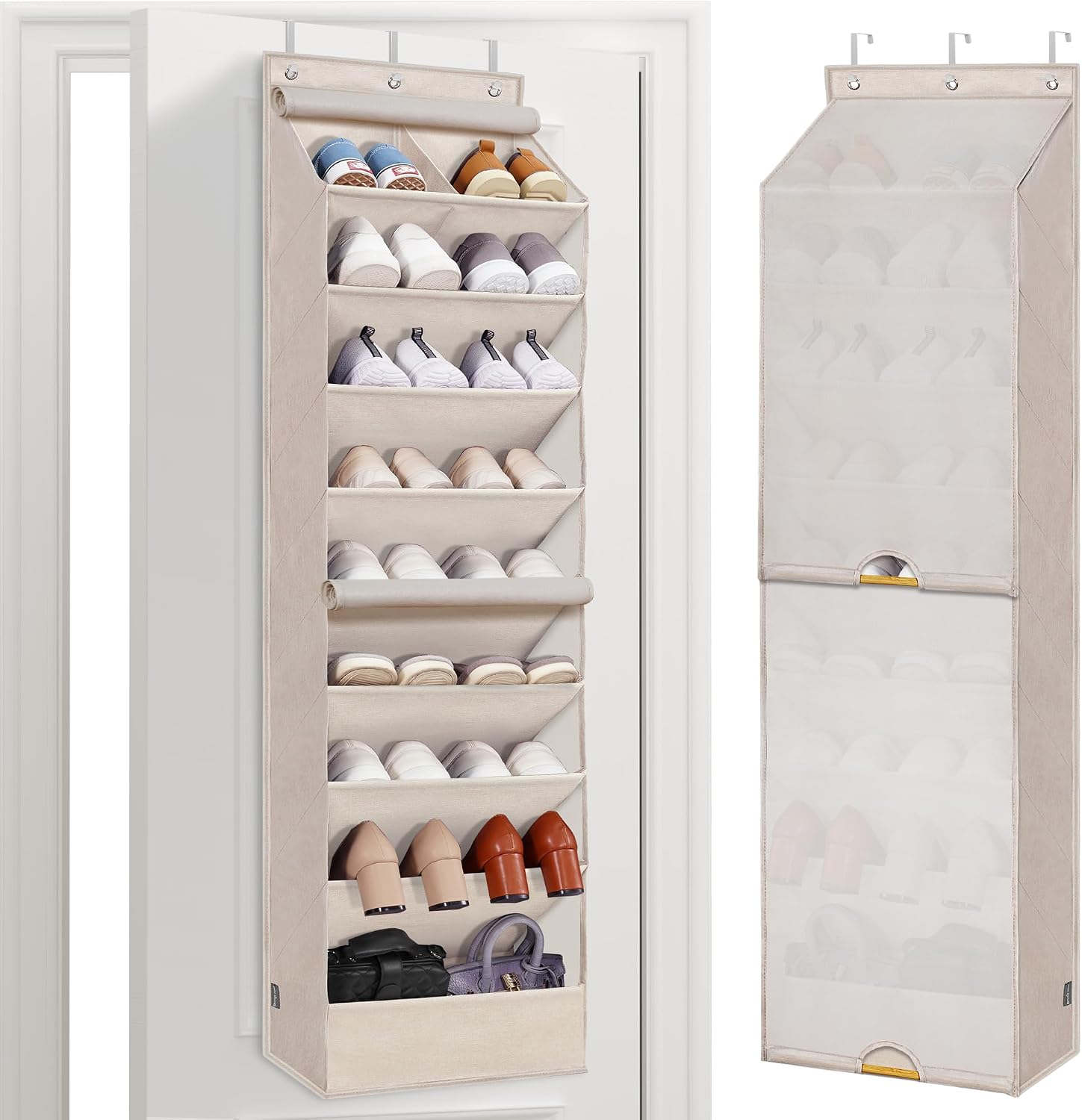 Ashenby Over the Door Shoe Organizer with Curtain Dustproof Heavy-Duty Large Deep Pocket Hanging Shoe Organizer for Closet Dorm & Narrow Door Storage