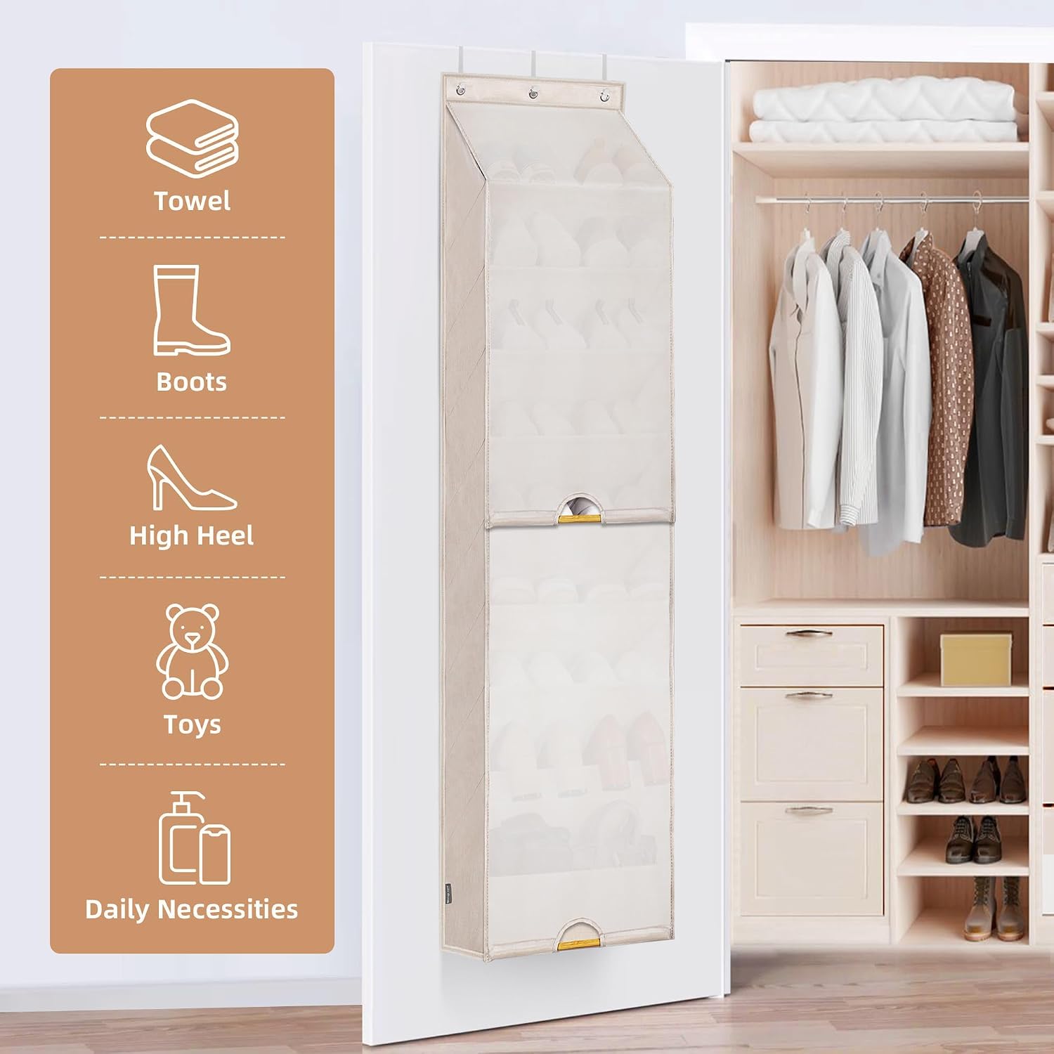 Ashenby Over the Door Shoe Organizer with Curtain Dustproof Heavy-Duty Large Deep Pocket Hanging Shoe Organizer for Closet Dorm & Narrow Door Storage
