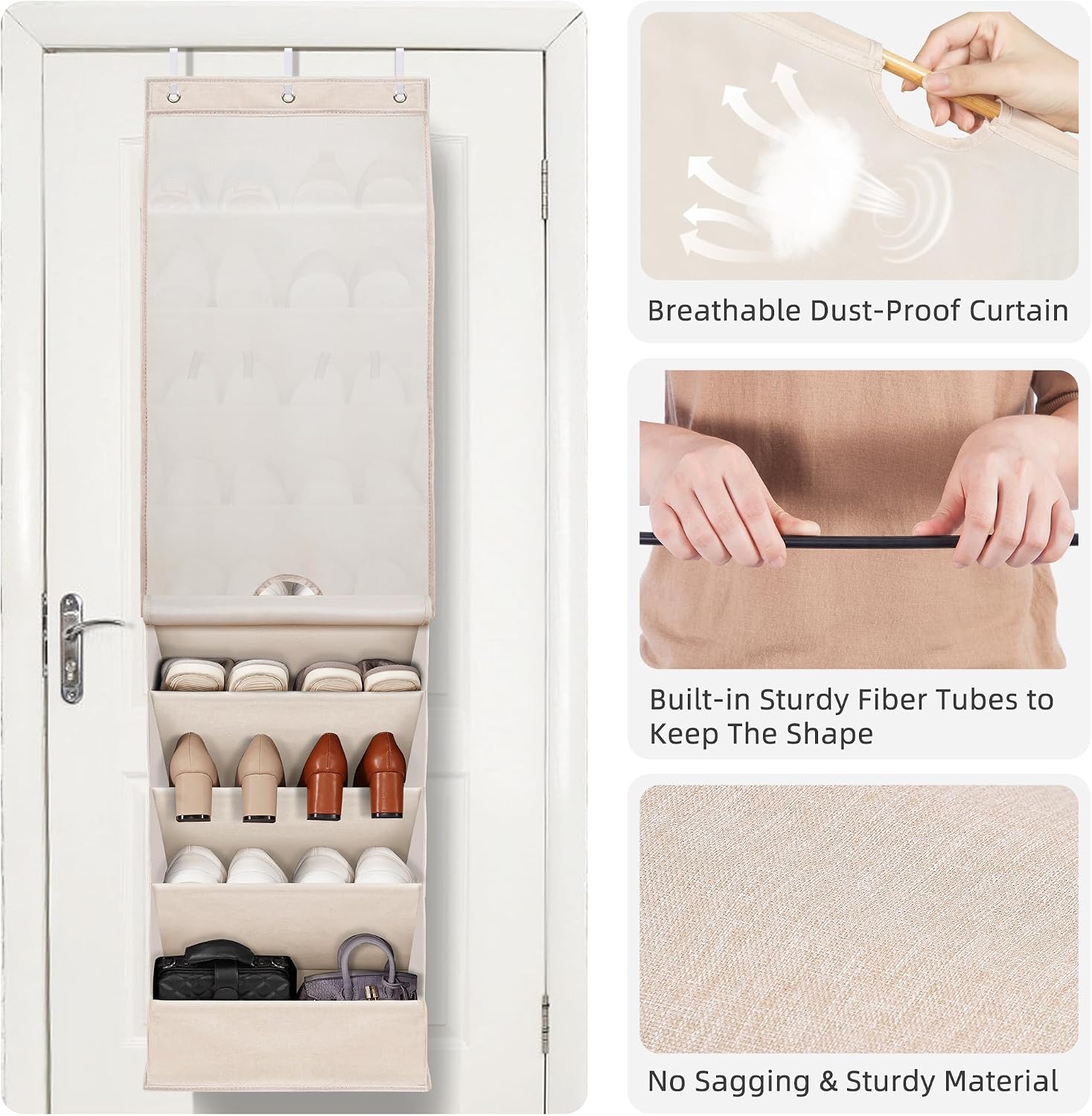 Ashenby Over the Door Shoe Organizer with Curtain Dustproof Heavy-Duty Large Deep Pocket Hanging Shoe Organizer for Closet Dorm & Narrow Door Storage