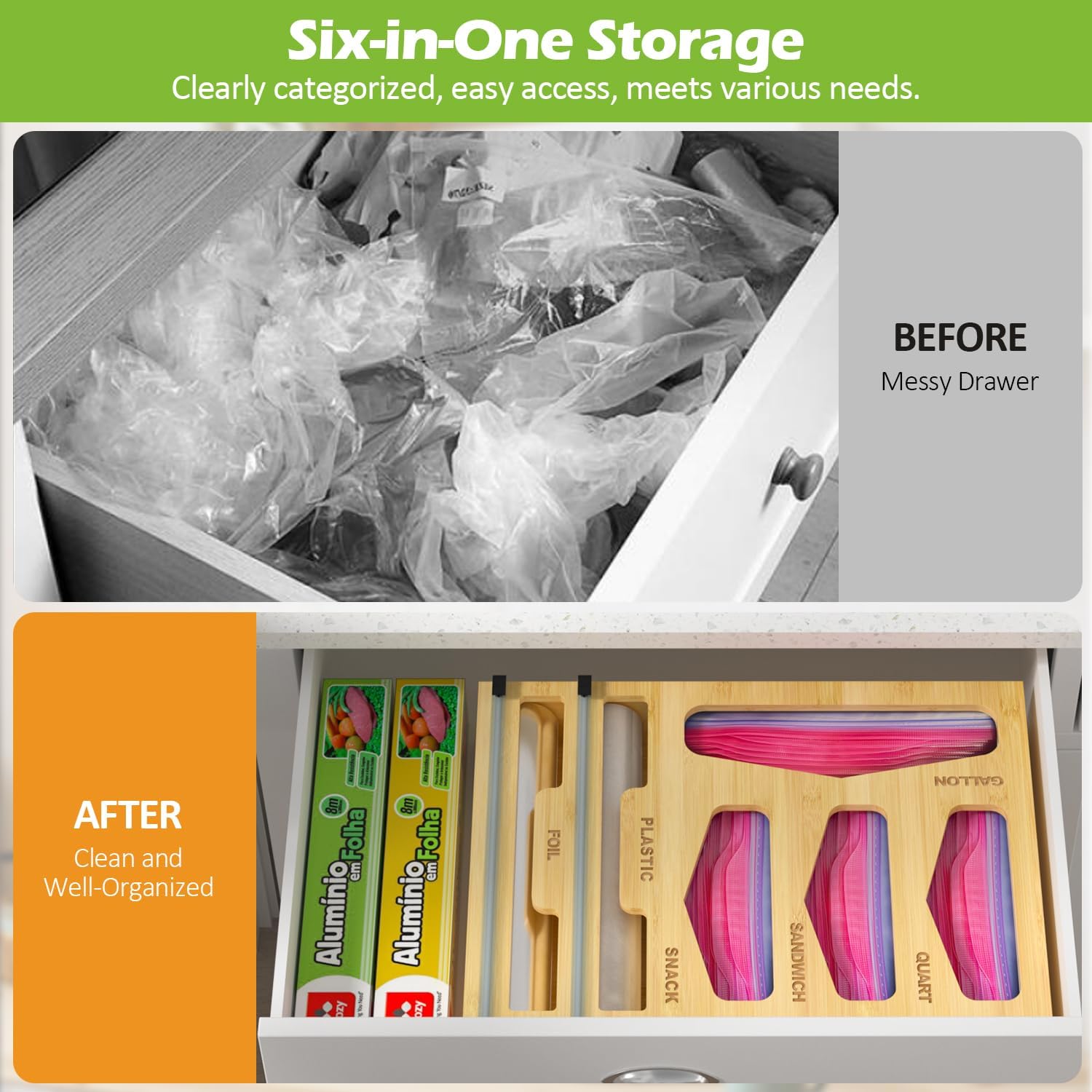 Aldernest 6 in 1 Bag Organizer and Wrap Dispenser with Magnetic Lid - Plastic Wrap Dispenser with Cutter for Kitchen Drawer, Storage for Gallon