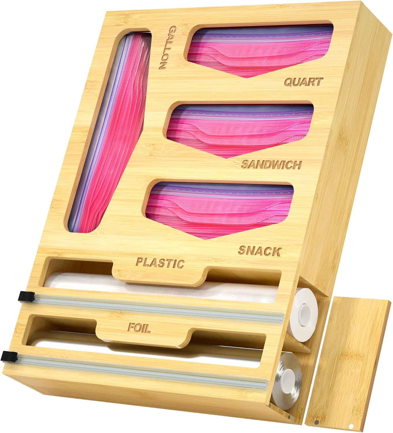 Aldernest 6 in 1 Bag Organizer and Wrap Dispenser with Magnetic Lid - Plastic Wrap Dispenser with Cutter for Kitchen Drawer, Storage for Gallon