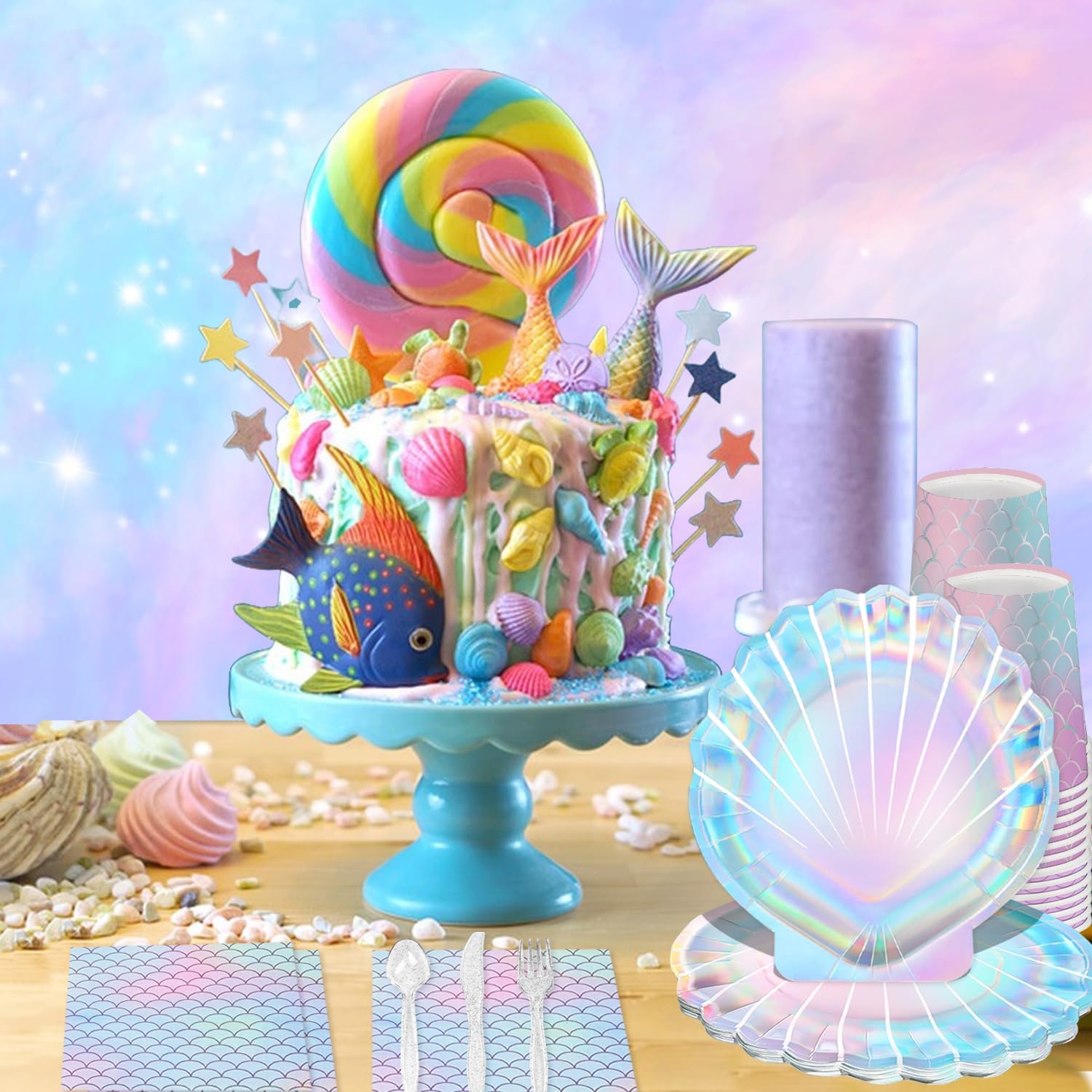 Tanglewick 144 Pcs Mermaid Party Supplies Mermaid Birthday Decorations Includes Plates Napkins Cups Cutlery for Under the Sea Party Decorations