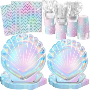 Tanglewick 144 Pcs Mermaid Party Supplies Mermaid Birthday Decorations Includes Plates Napkins Cups Cutlery for Under the Sea Party Decorations