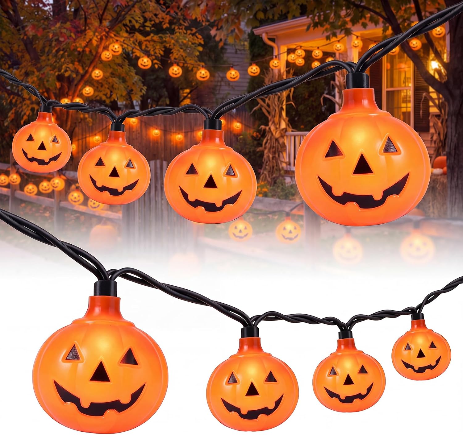 VelloHome Halloween String Lights, 8.5Ft LED Pumpkin Lights String Lights Plug in, Blow Up Pumpkin Lights, 10 Count