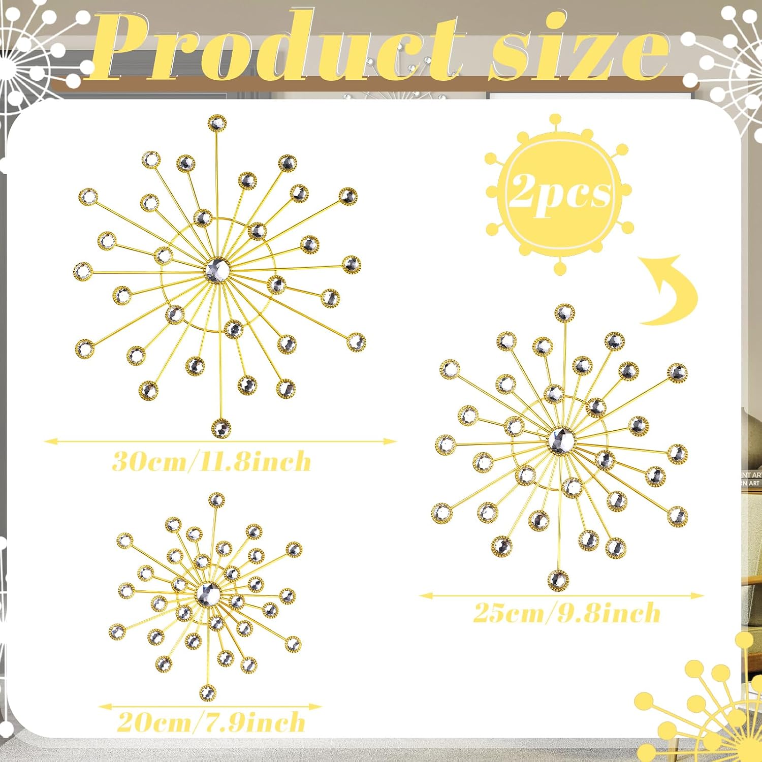 Quillstone 4 Pcs Gold Wall Decor Starburst Metal Wall Art with 3D Rhinestone, 1.3 pounds, 11.81 inches