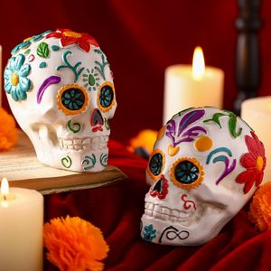 Birchmont 2 Pcs Day of the Dead Sugar Skull Resin Figurine 4.3", Flower, 12.48 ounces, 4.33 x 4.13 inches