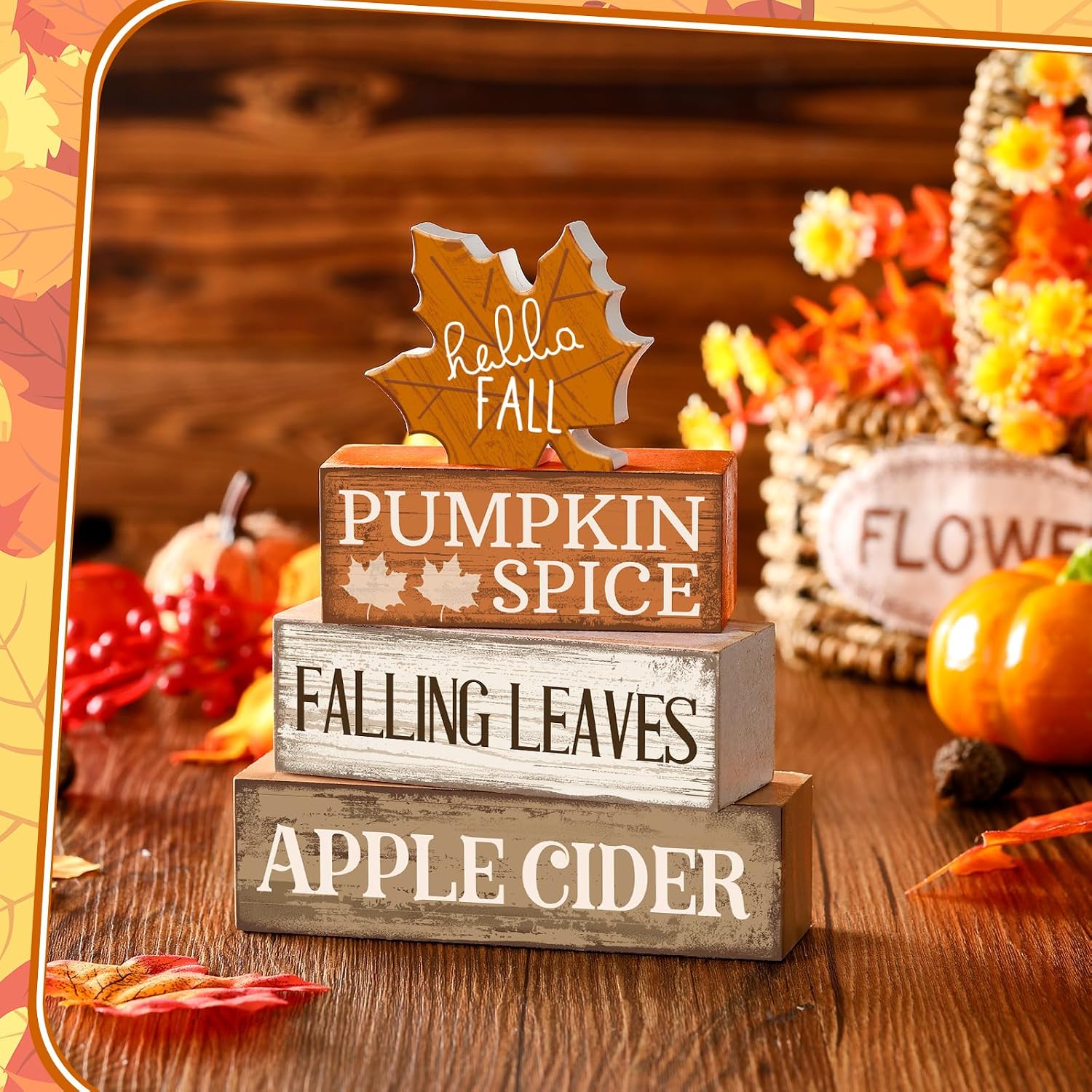 Ashenby 4 Pcs Thanksgiving Table Decor Wooden Stacked Maple Leaf Fall Decor, Red, Brown
