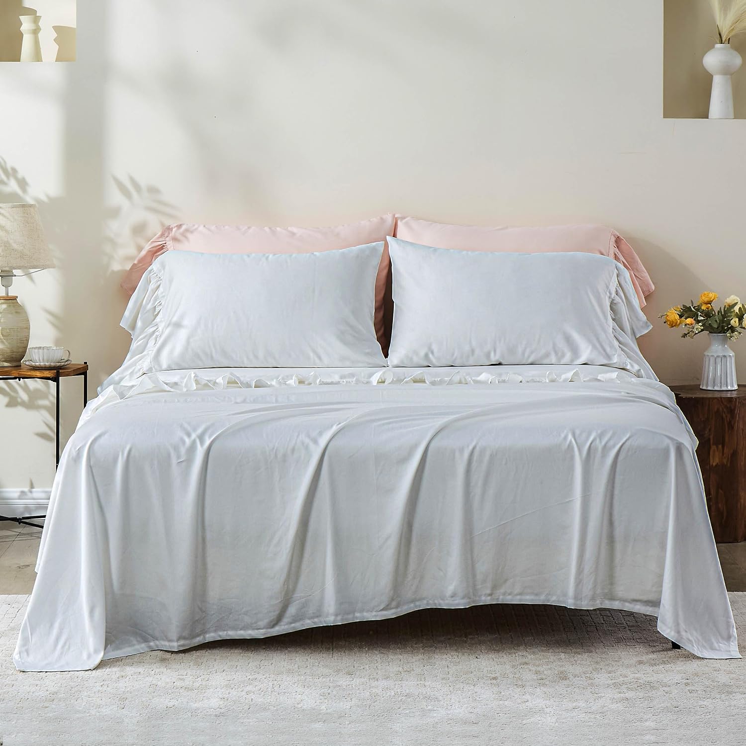 Aldernest 100% Organic Cotton Sheet Set, Queen, White Ruffles, 4 Set