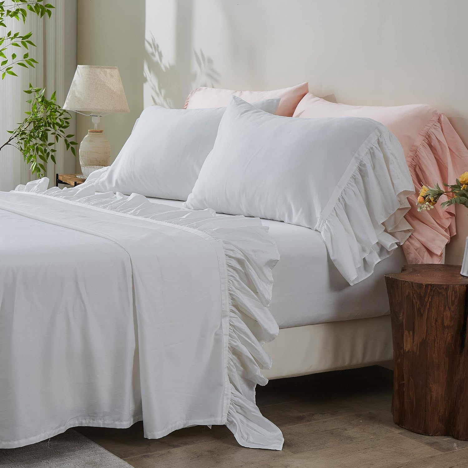 Aldernest 100% Organic Cotton Sheet Set, Queen, White Ruffles, 4 Set