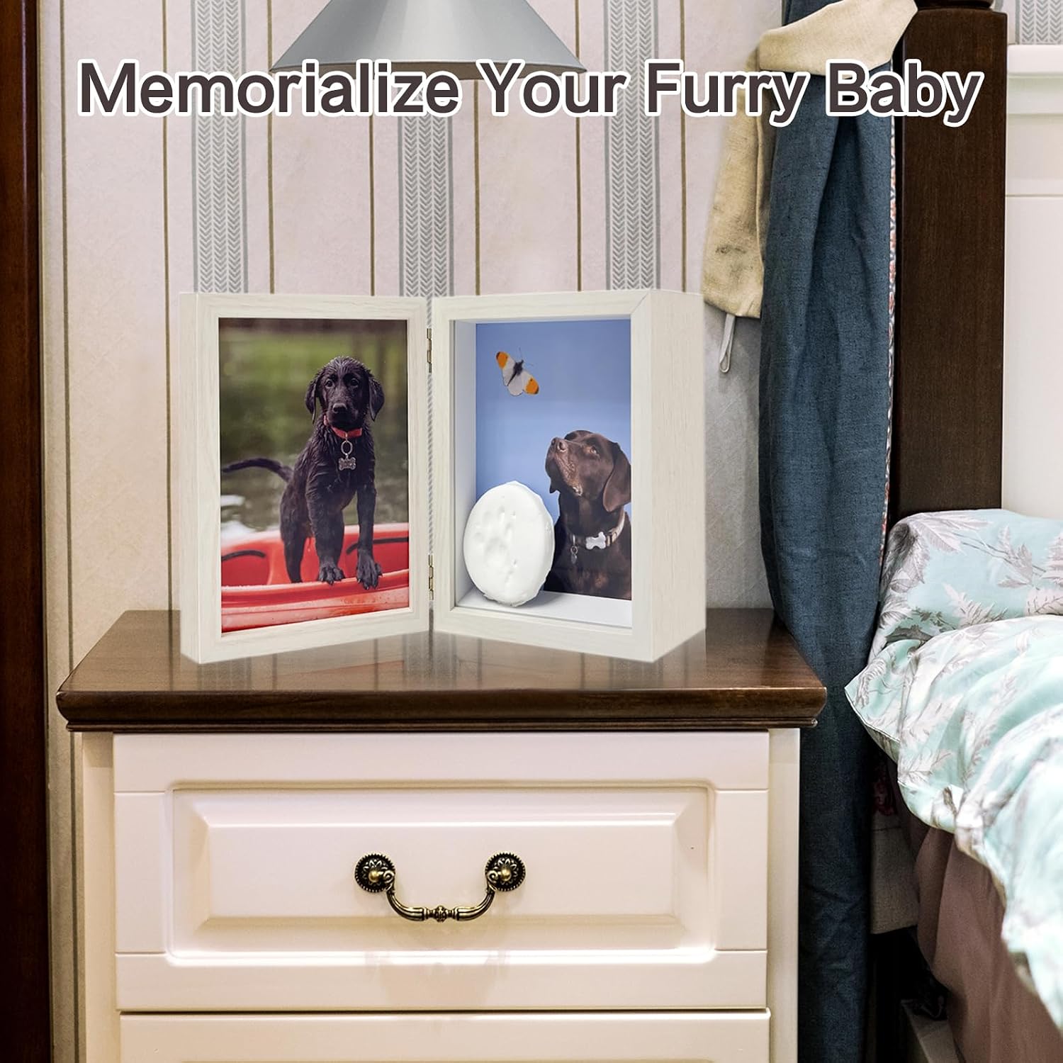 Aldernest 5x7 Pet Memorial Picture Frame Shadow Box for Dogs and Cats Frame Keepsake for 3 Photos Pet Paw Print Display Shadow Box with Double Hinges