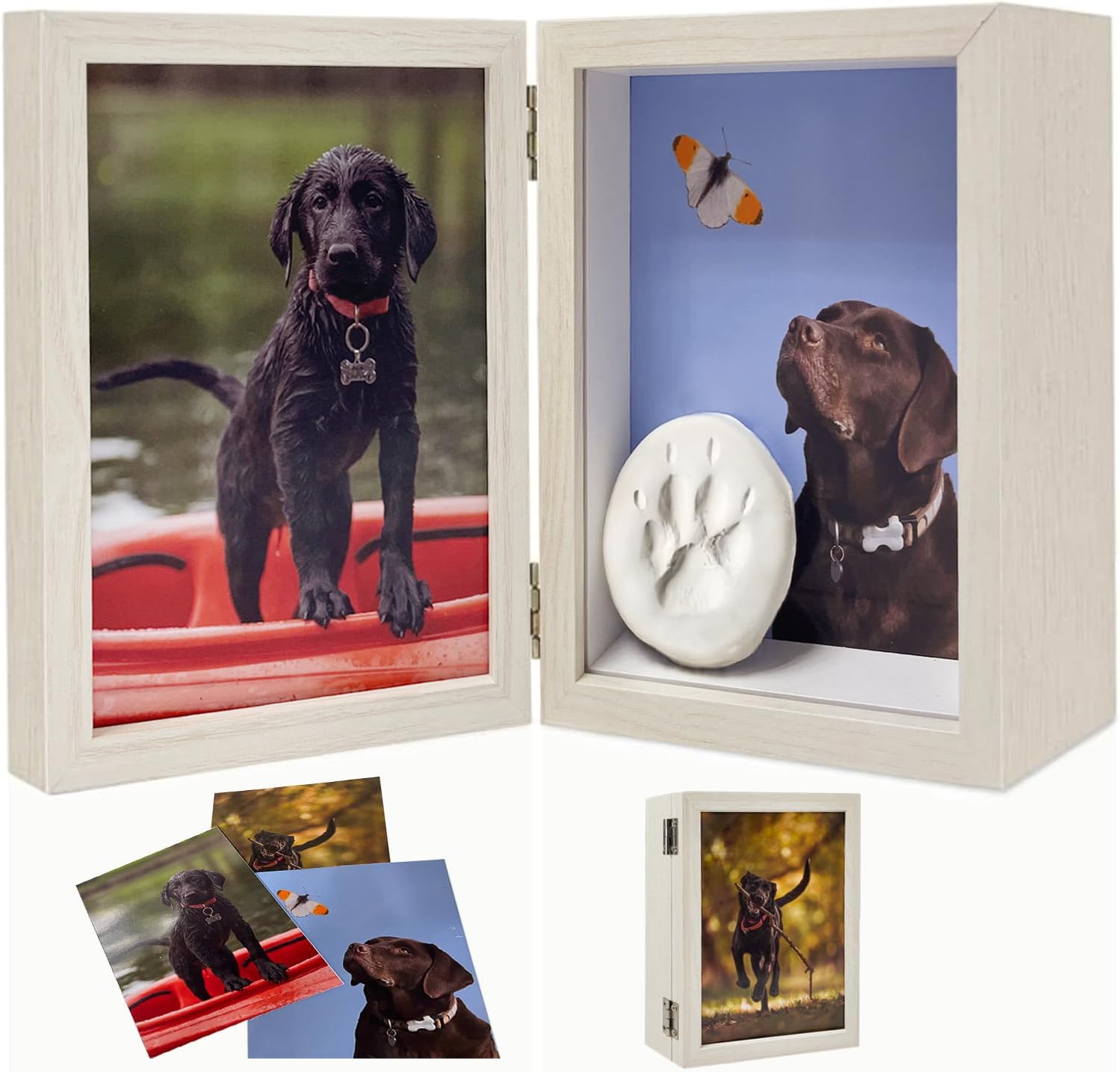 Aldernest 5x7 Pet Memorial Picture Frame Shadow Box for Dogs and Cats Frame Keepsake for 3 Photos Pet Paw Print Display Shadow Box with Double Hinges
