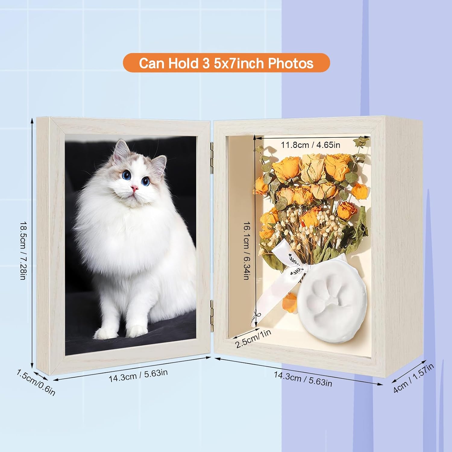 Aldernest 5x7 Pet Memorial Picture Frame Shadow Box for Dogs and Cats Frame Keepsake for 3 Photos Pet Paw Print Display Shadow Box with Double Hinges
