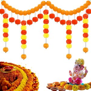 VelloHome 6 Pcs Marigold Garland for Decoration Marigold Toran Diwali Decor, 0.26 kg, 4.5 feet, Red, Orange, and Yellow