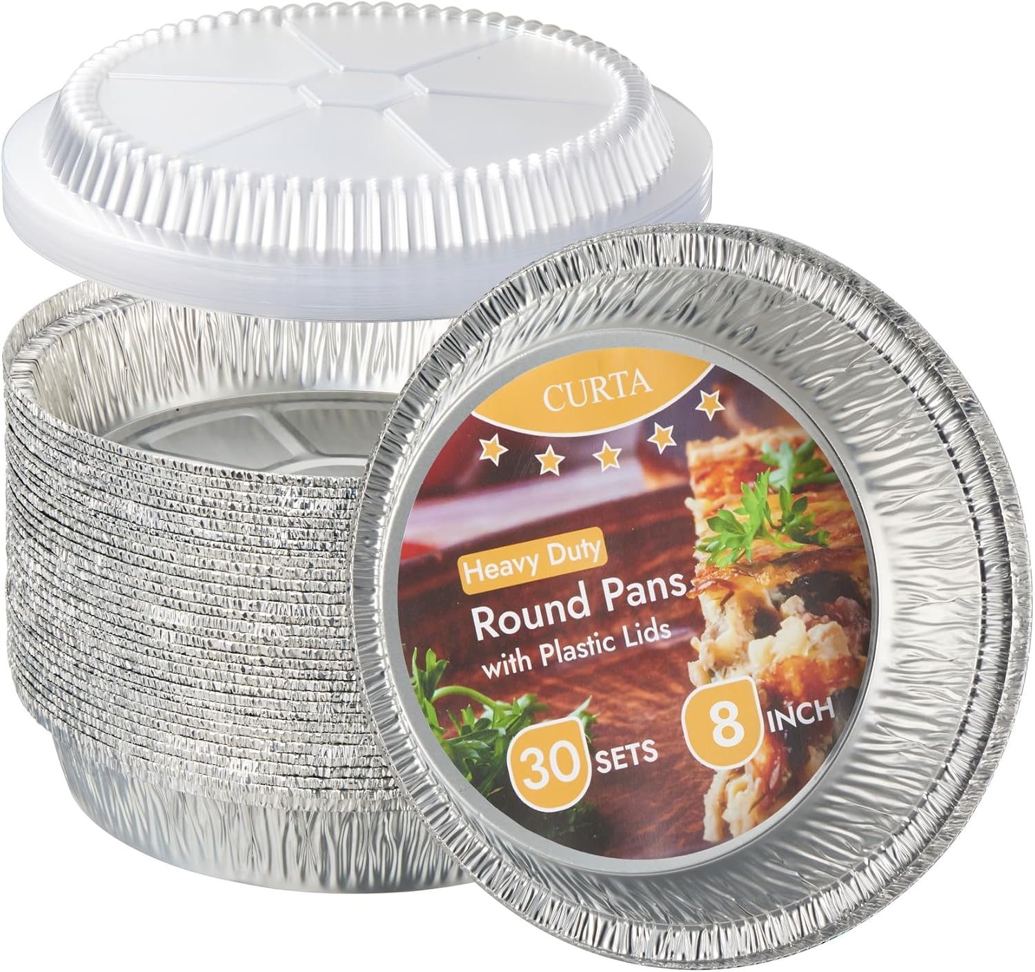 VelloHome 8" Round Aluminum Foil Pans with Clear Lids | Heavy Duty | Great for Broiling, 0.59 kg, 30 Count
