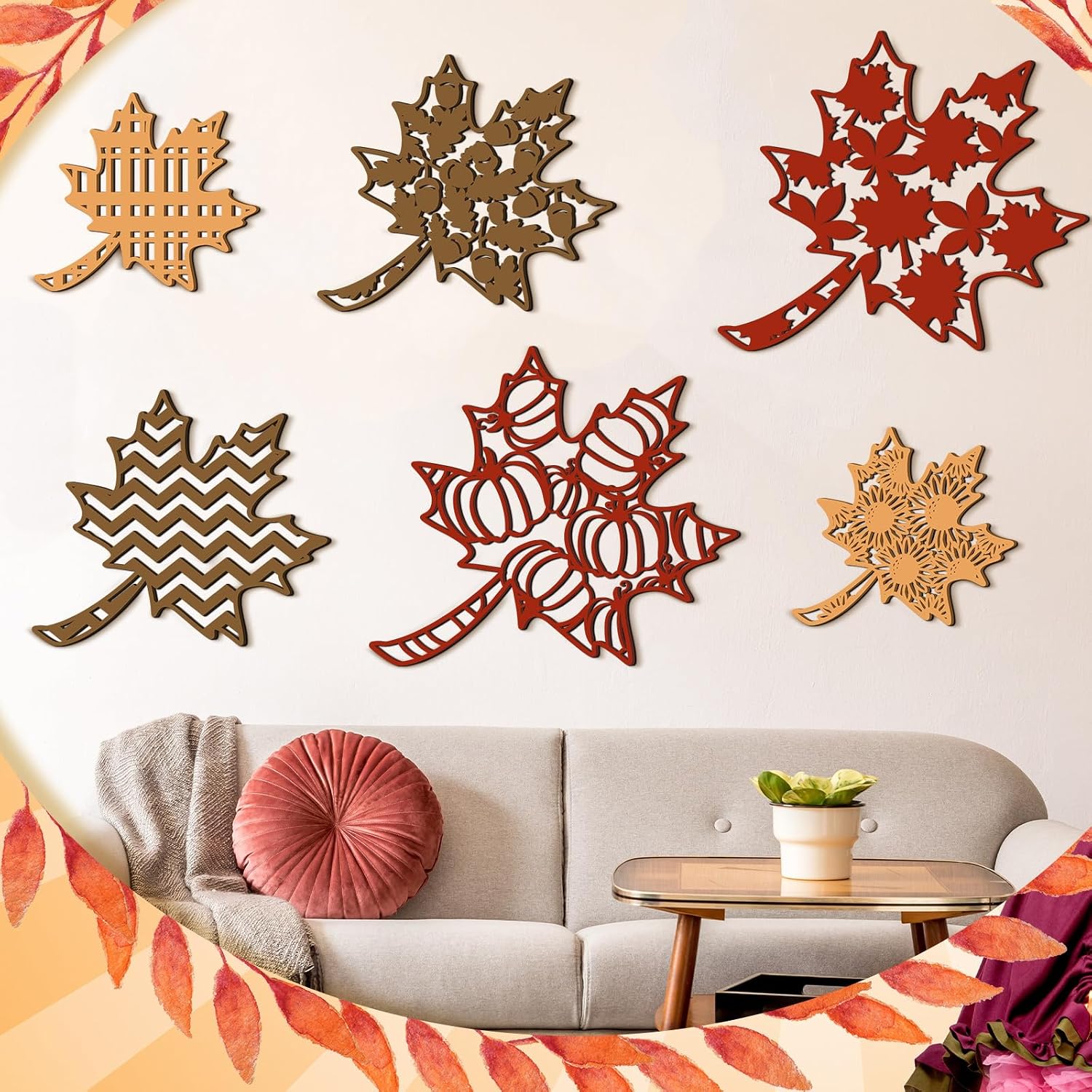 VelloHome 6 Pcs Thanksgiving Wall Decor Maple Leaves Wall Art, 12.32 ounces