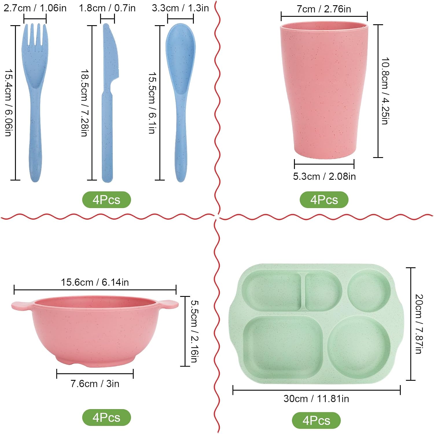 Ashenby 24 PCS Plastic Dinnerware Set for Adult Kids Plates and Bowls Sets, 1.36 kg, Pink