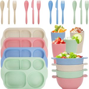 Ashenby 24 PCS Plastic Dinnerware Set for Adult Kids Plates and Bowls Sets, 1.36 kg, Pink