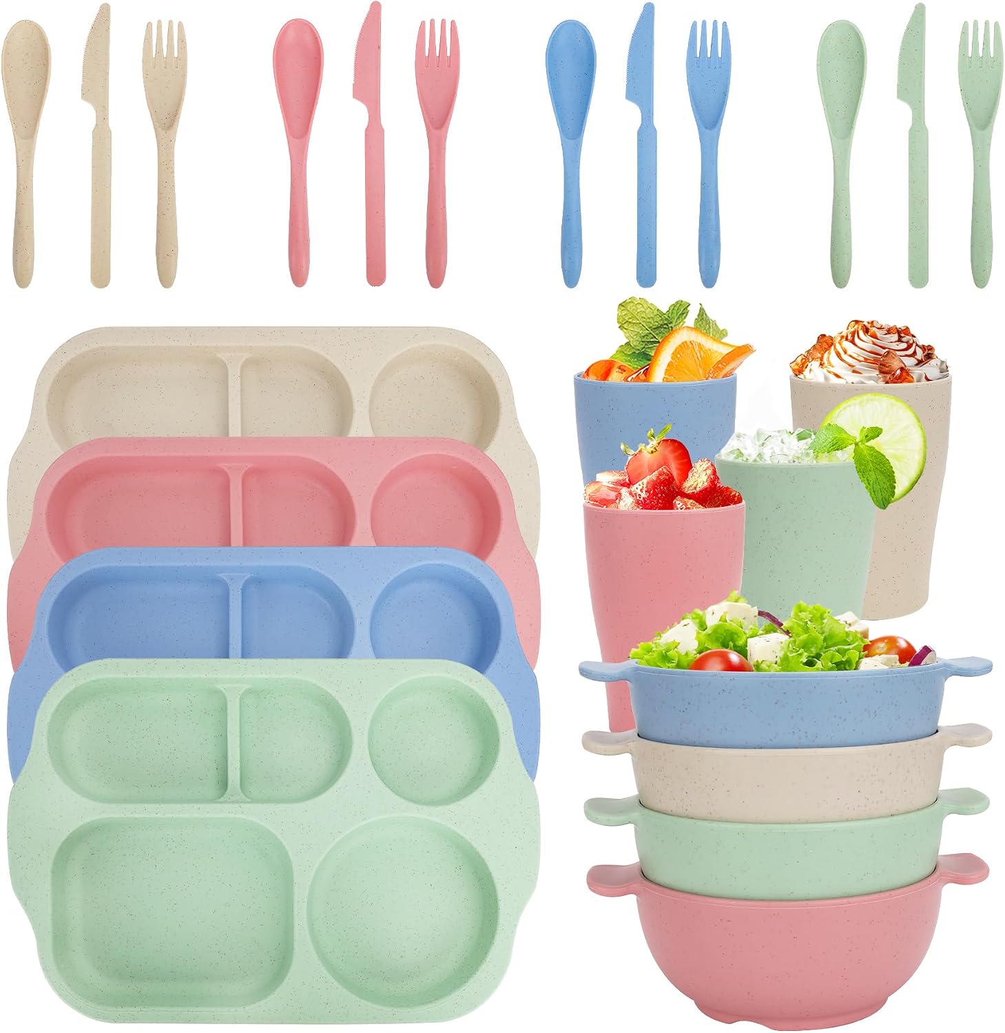 Ashenby 24 PCS Plastic Dinnerware Set for Adult Kids Plates and Bowls Sets, 1.36 kg, Pink