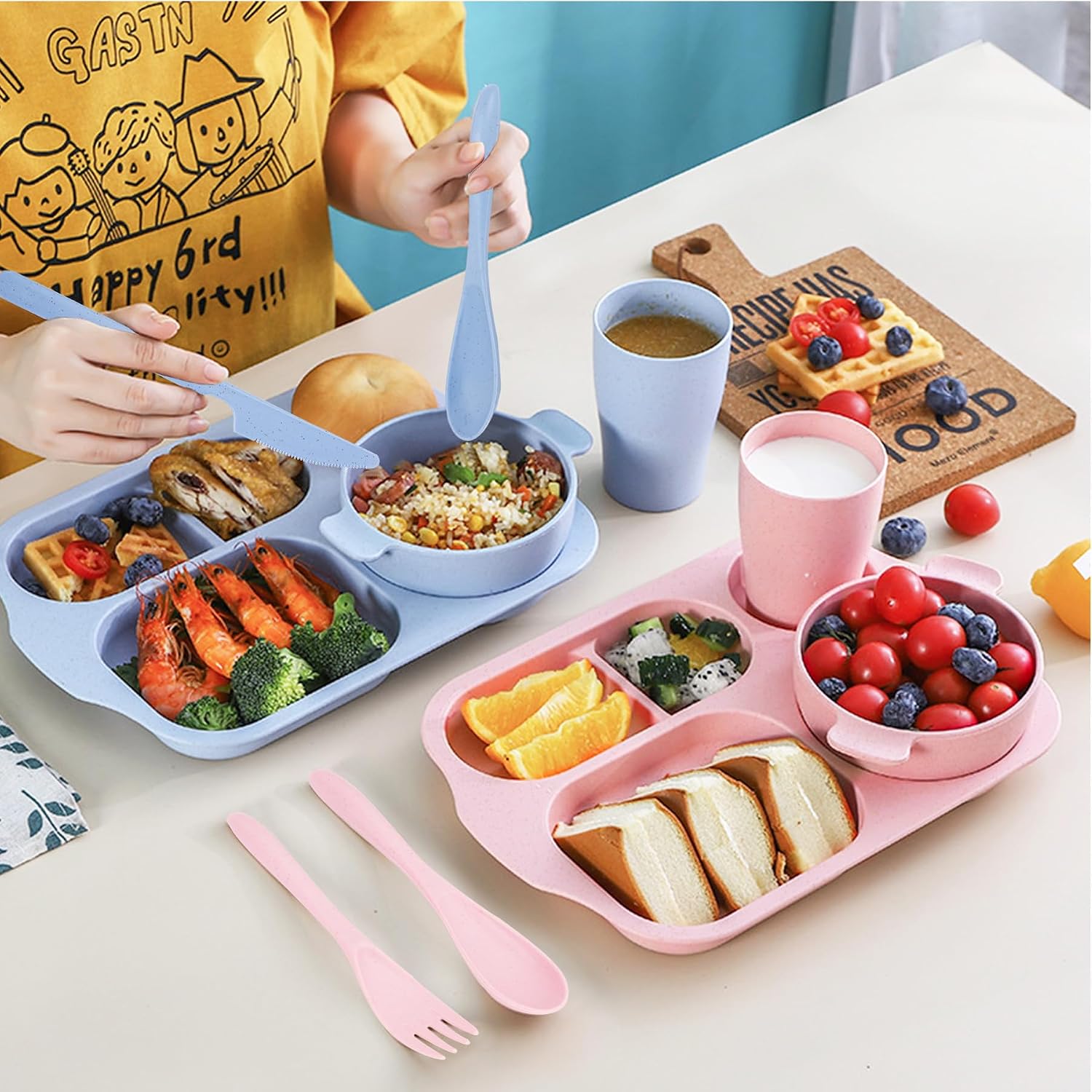 Ashenby 24 PCS Plastic Dinnerware Set for Adult Kids Plates and Bowls Sets, 1.36 kg, Pink