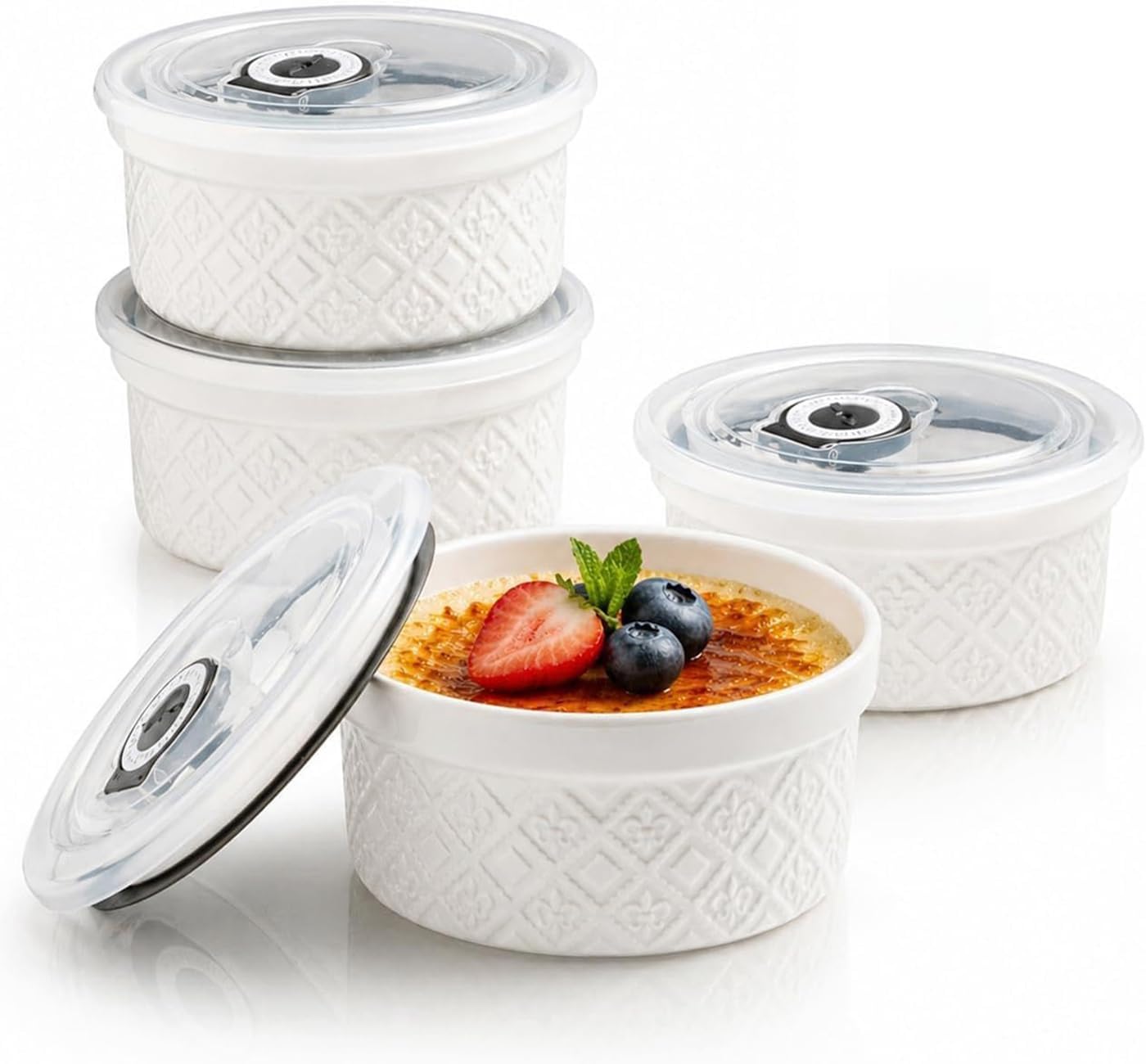 Aldernest 12 oz Ramekins Oven Safe, Ceramic Creme Brulee Ramekins with Lids, 1.33 kg, White (with Lid), 4
