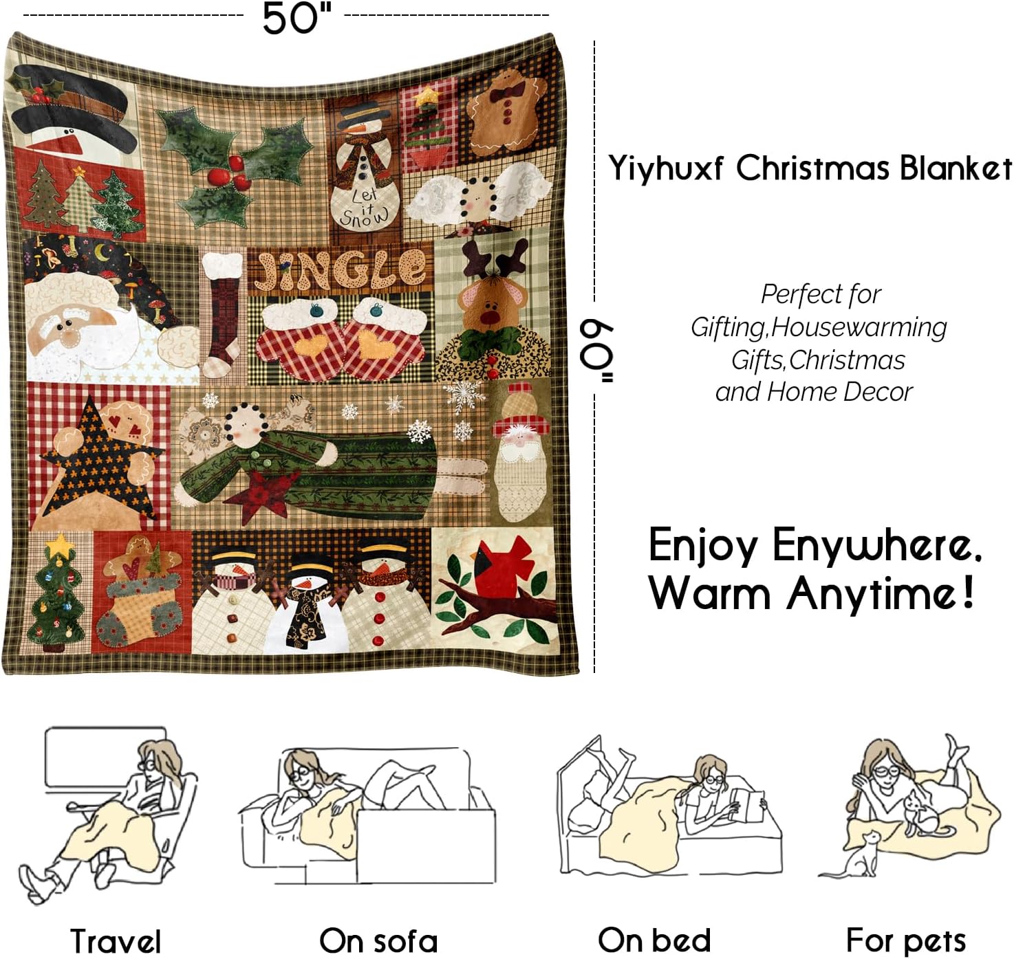 VelloHome Christmas Throw Blanket for Couch 60x50