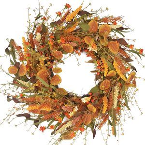 Tanglewick Fall Wreath for Front Door 24 Inch Large Wreaths with Orange Artificial Wheat Eucalyptus Leaf Berry for Thanksgiving Farmhouse Home Porch