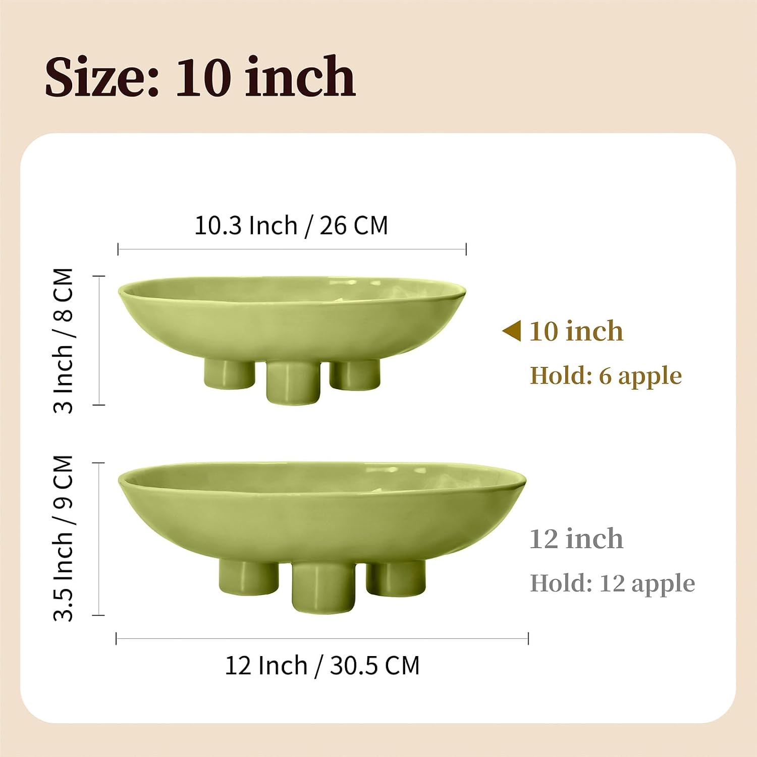 Aldernest Three-Leg Ceramic Fruit Bowl, 10 Inch Oval Serving Dish for Kitchen Counter, Light Green