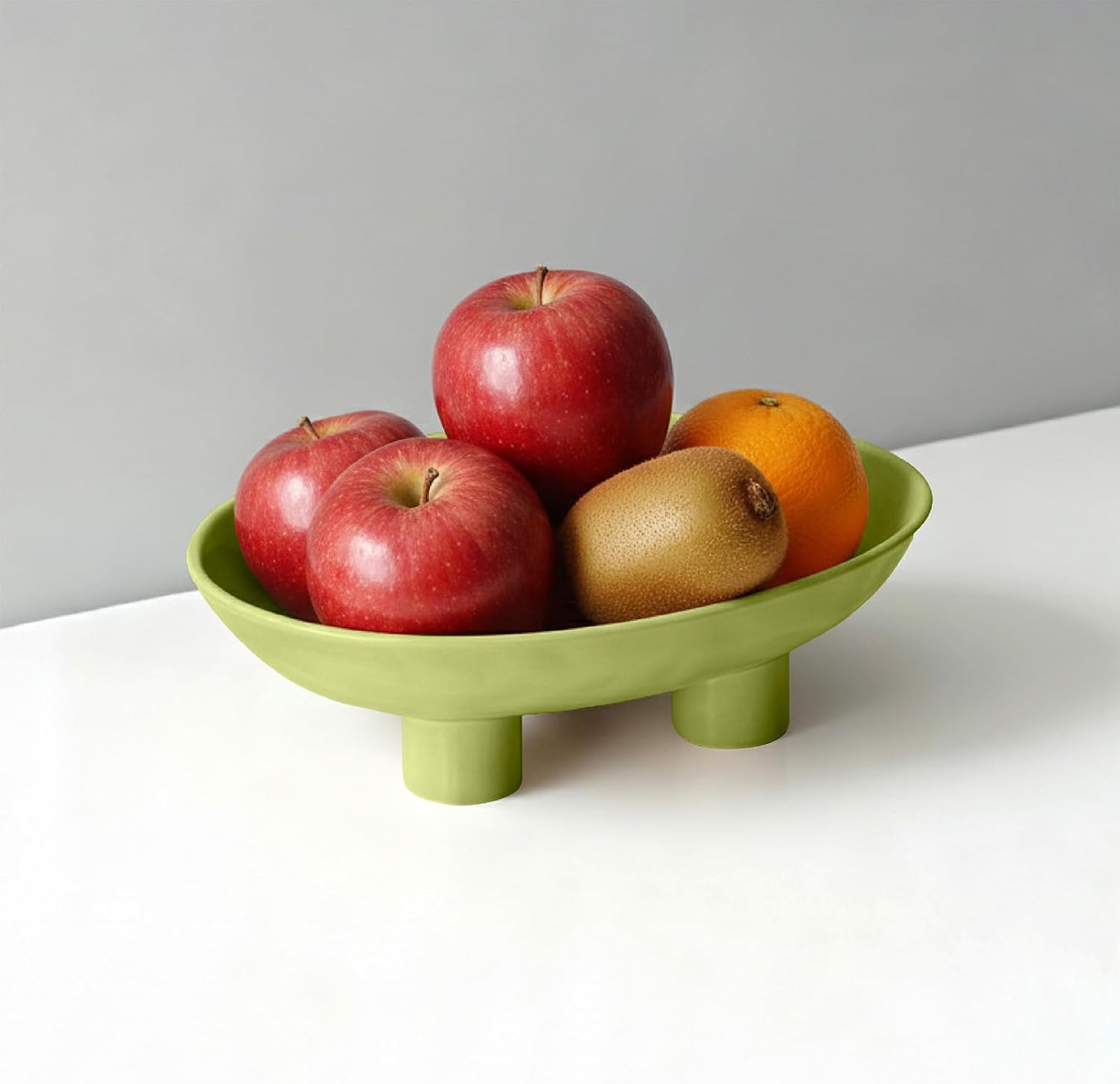 Aldernest Three-Leg Ceramic Fruit Bowl, 10 Inch Oval Serving Dish for Kitchen Counter, Light Green
