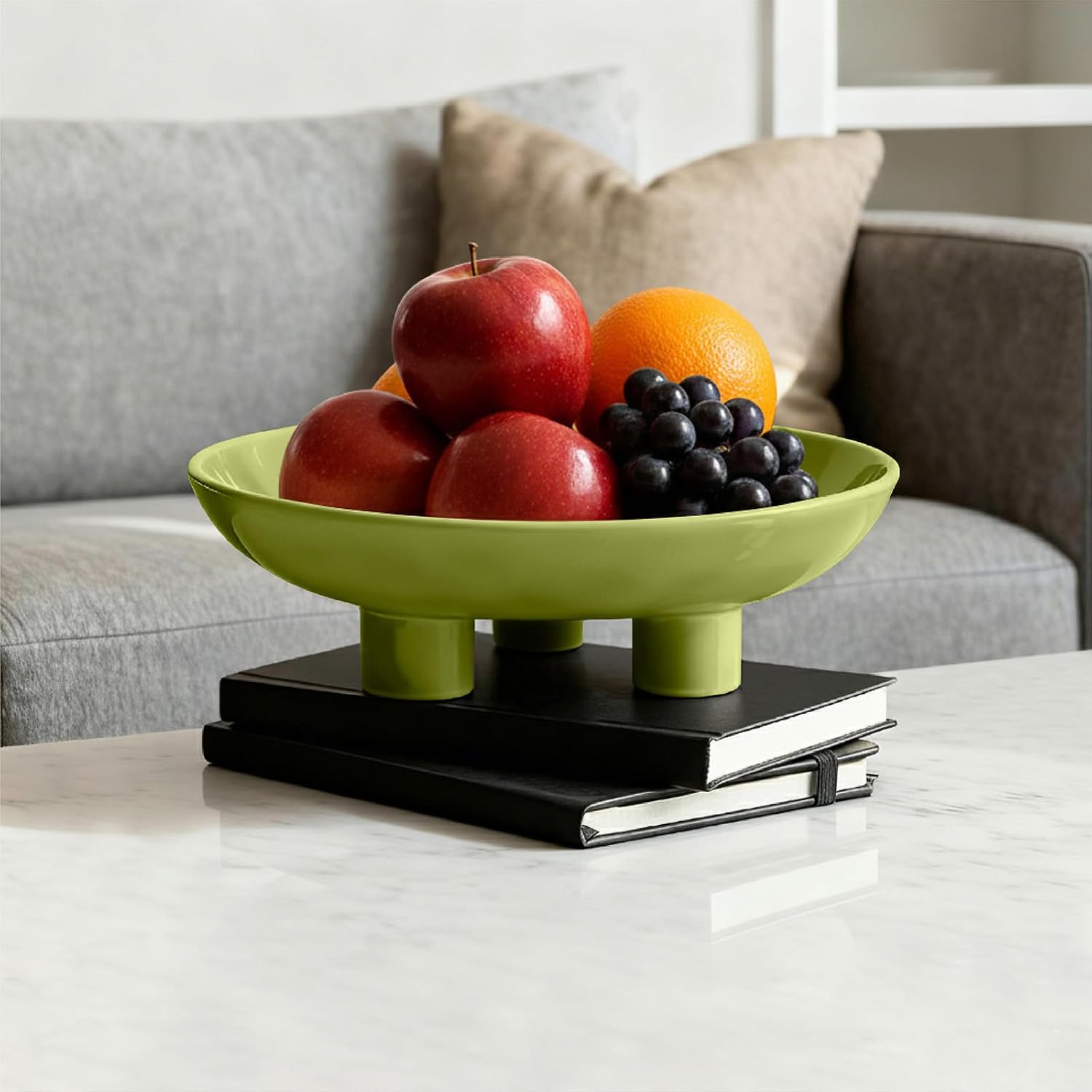 Aldernest Three-Leg Ceramic Fruit Bowl, 10 Inch Oval Serving Dish for Kitchen Counter, Light Green