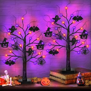 VelloHome Halloween Decorations Indoor 2 Pack 24 Inch Black Halloween Tree with 24 LED Orange Purple Lights