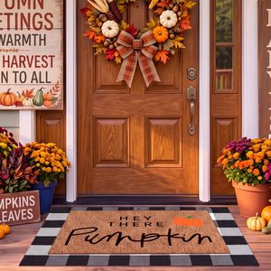Ashenby 2 Pcs Fall Doormat Outdoor, Hey There Pumpkin Coir Mat, Non-Slip, 2.6 pounds, 24'' X 35'',16'' X 28'', White Black Plaid