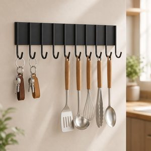 DomiCasa Magnetic Key Holder For Fridge With 10 Hooks, Utensil Holder For Wall, Black