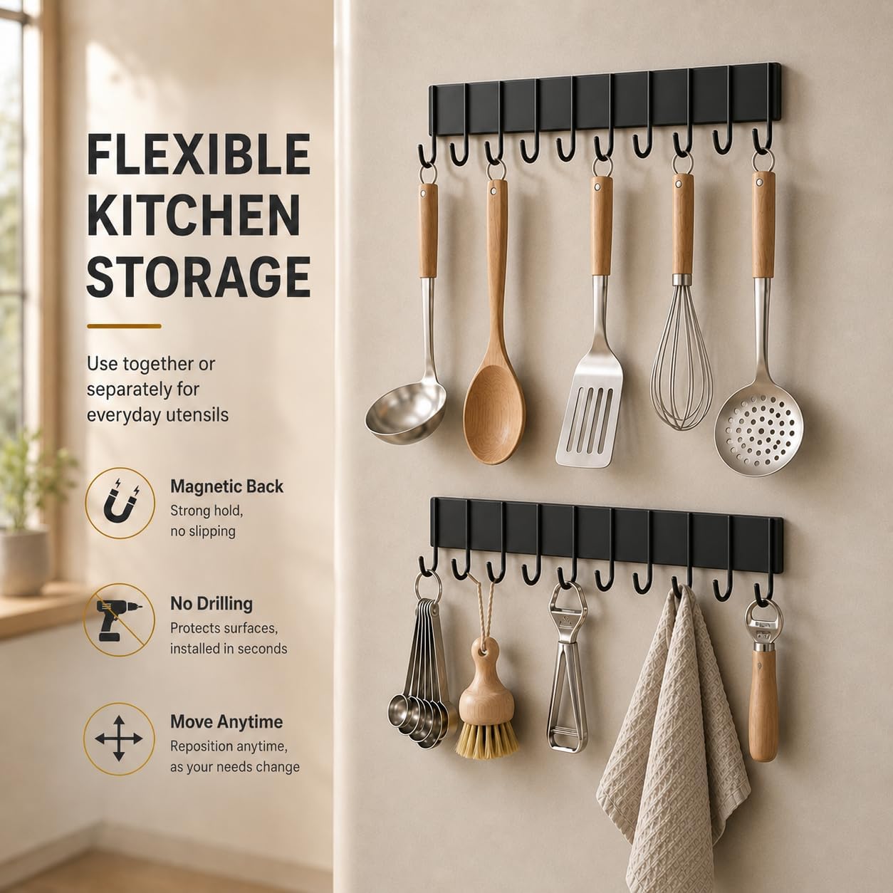 DomiCasa Magnetic Key Holder For Fridge With 10 Hooks, Utensil Holder For Wall, Black