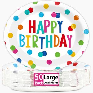 Birchmont 50 PCS Happy Birthday Oval Paper Plates - 11inch Large Colorful Dots Design Platters, Heavy Duty Dish Tray for Party Decorations, Gathering