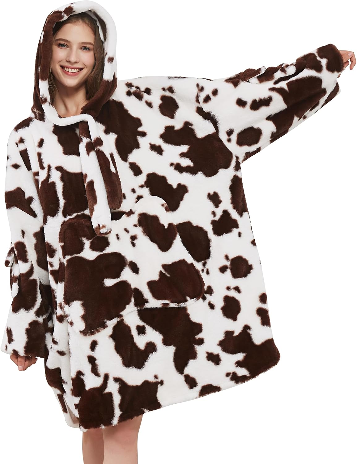 Brackenly Blanket Hoodie Wearable Blanket Oversized Super Soft Warm, Brown Cow Print
