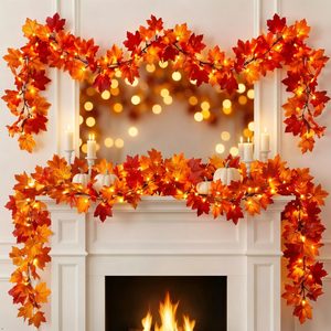 Rowanmere Fall Leaf Garland with Lights Plug in, 8 ounces, Orange