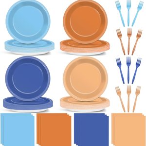 Ashenby 96Pcs Blue Orange Birthday Party Supplies Orange Blue Plates and Napkins Forks Party Decor Disposable Tableware Dinnerware for Kids Boys Girls