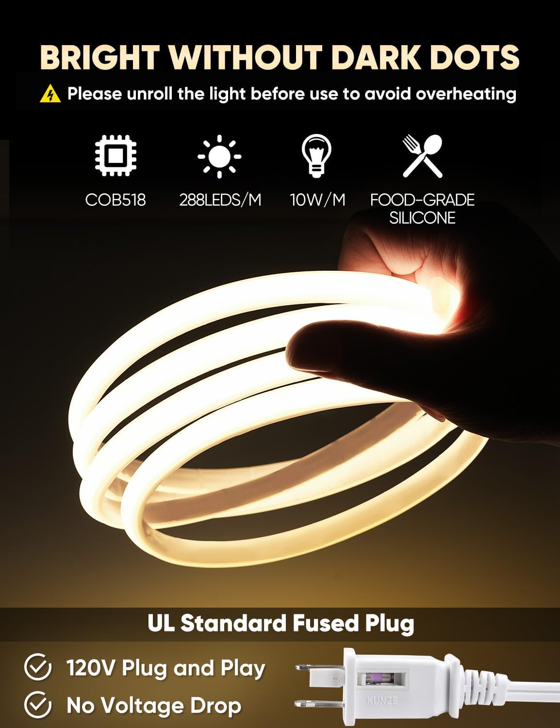 NestlyCo COB Led Neon Rope Lights 110-120V AC, 2800K Warm White, 16ft