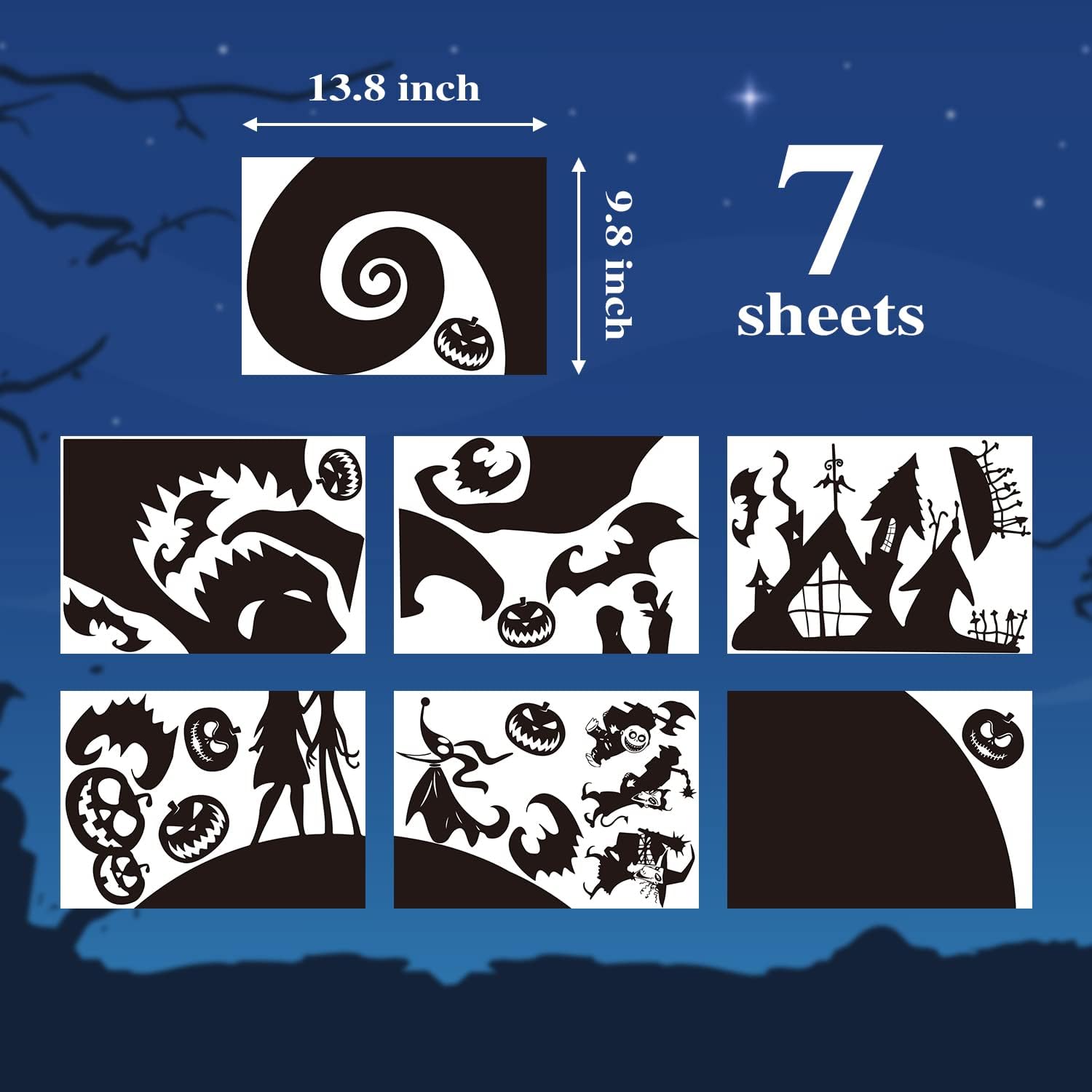 Aldernest 7Pcs Jack and Sally Window Clings Sticker Pumpkin Halloween Jack and Sally Christmas Cartoon Skull Electrostatic Stickers for Christmas