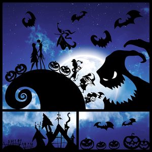 Aldernest 7Pcs Jack and Sally Window Clings Sticker Pumpkin Halloween Jack and Sally Christmas Cartoon Skull Electrostatic Stickers for Christmas