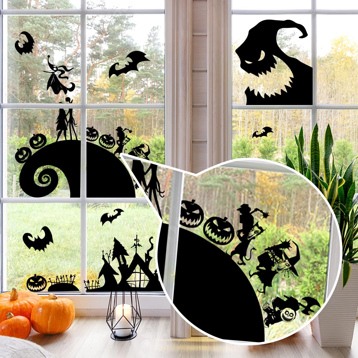 Aldernest 7Pcs Jack and Sally Window Clings Sticker Pumpkin Halloween Jack and Sally Christmas Cartoon Skull Electrostatic Stickers for Christmas
