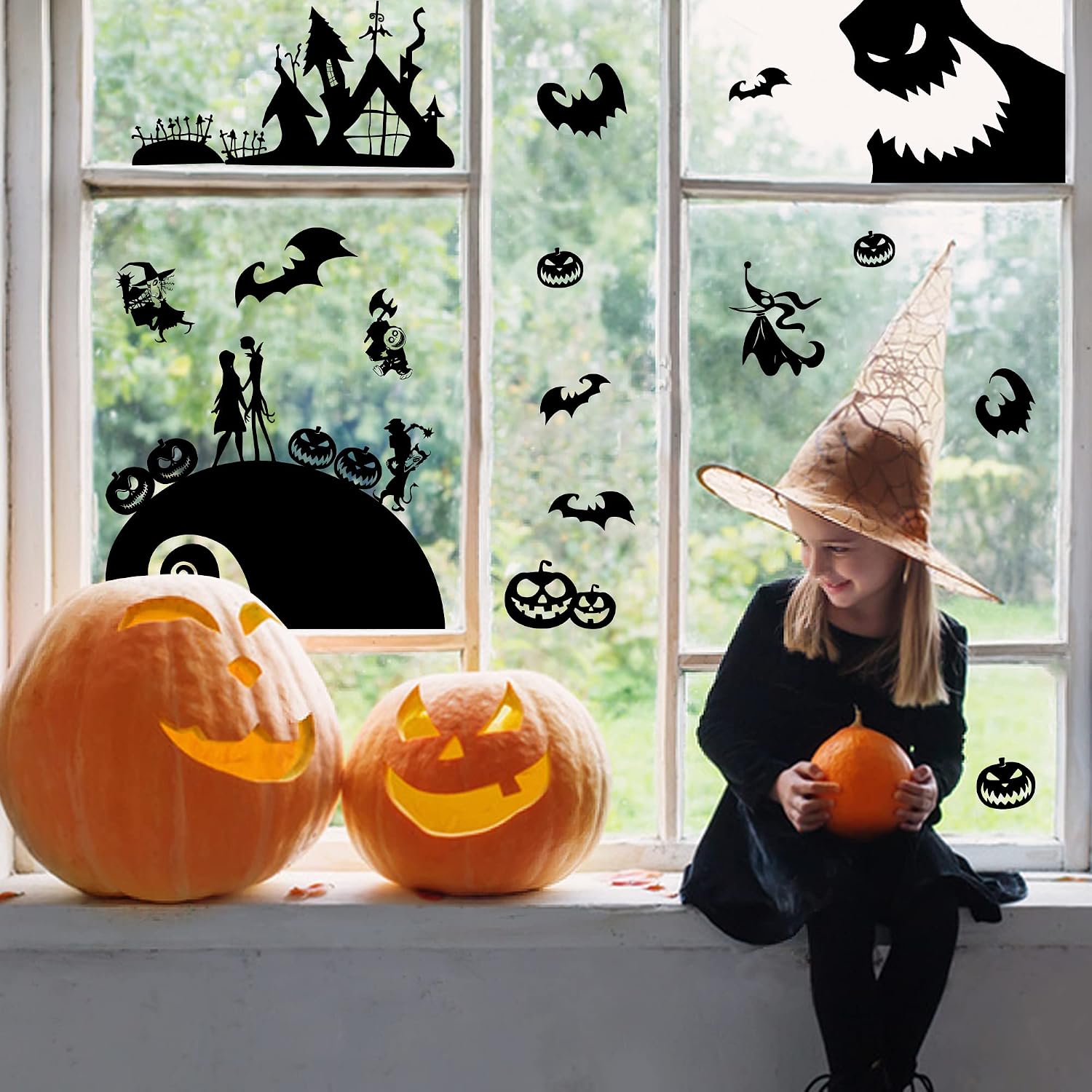 Aldernest 7Pcs Jack and Sally Window Clings Sticker Pumpkin Halloween Jack and Sally Christmas Cartoon Skull Electrostatic Stickers for Christmas