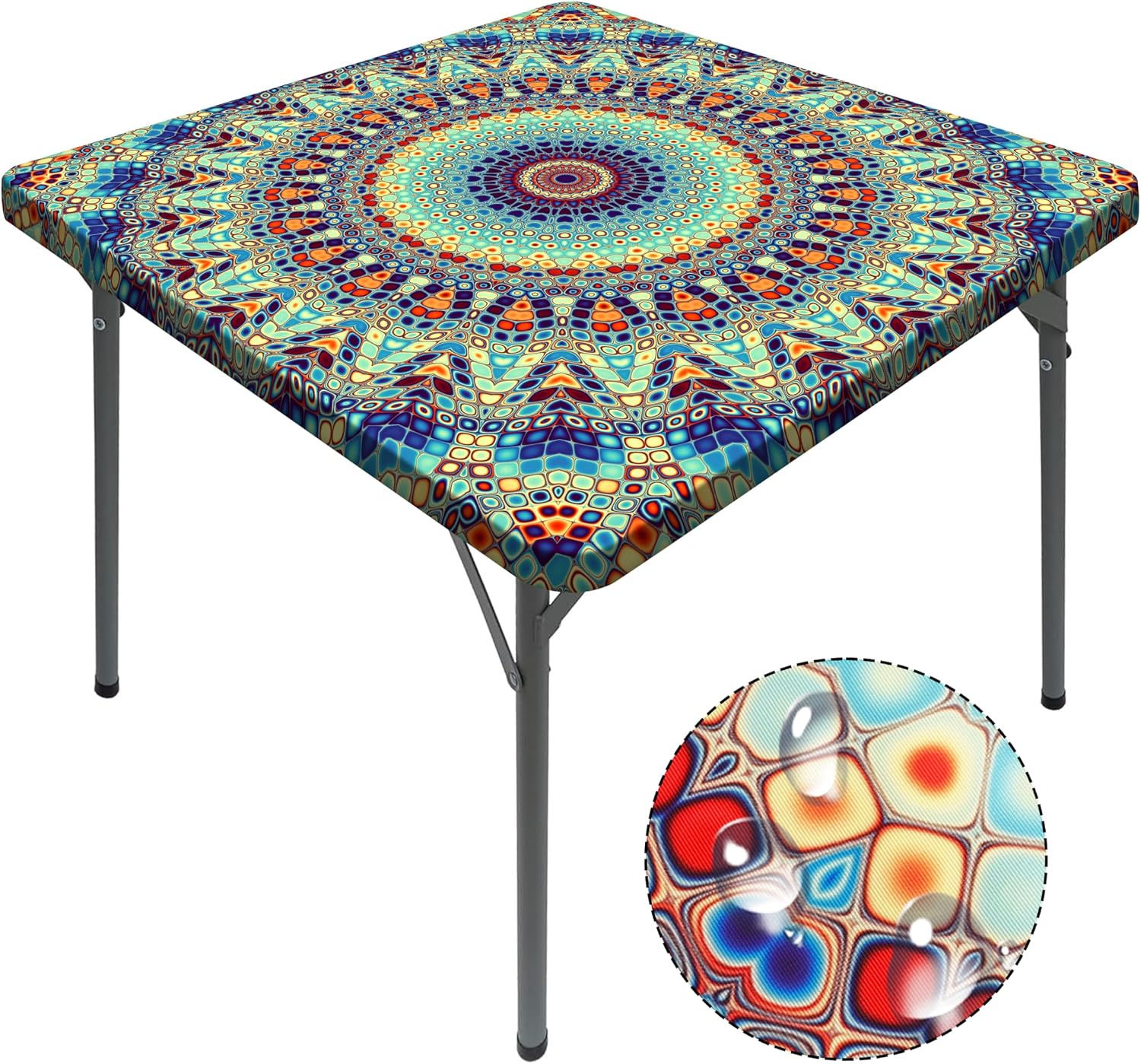 Aldernest Square Tablecloth with Elastic Waterproof Outdoor Card Table Cover Fitted Table Cloth Fit 34x34 Inch Kitchen Patio Dinning ), Teal