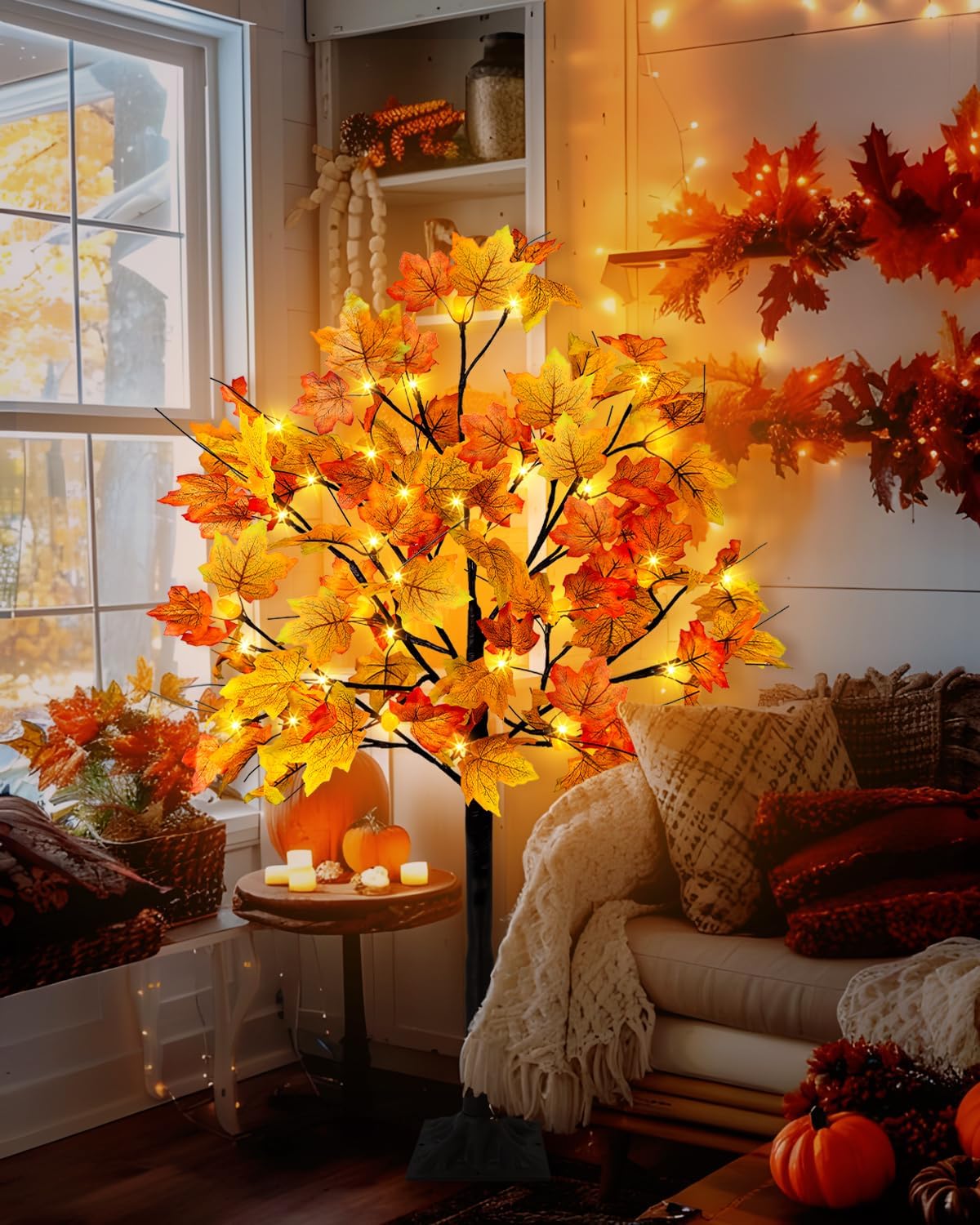 Birchmont 4FT 48LED Lighted Fall Maple Tree Artificial Fall Tree with 12PCS Pine Cones Lights 8 Modes Thanksgiving Fall Decorations for Home Autumn