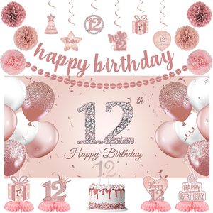 Aldernest Rose Gold 12th Birthday Decorations for Girls, Pink